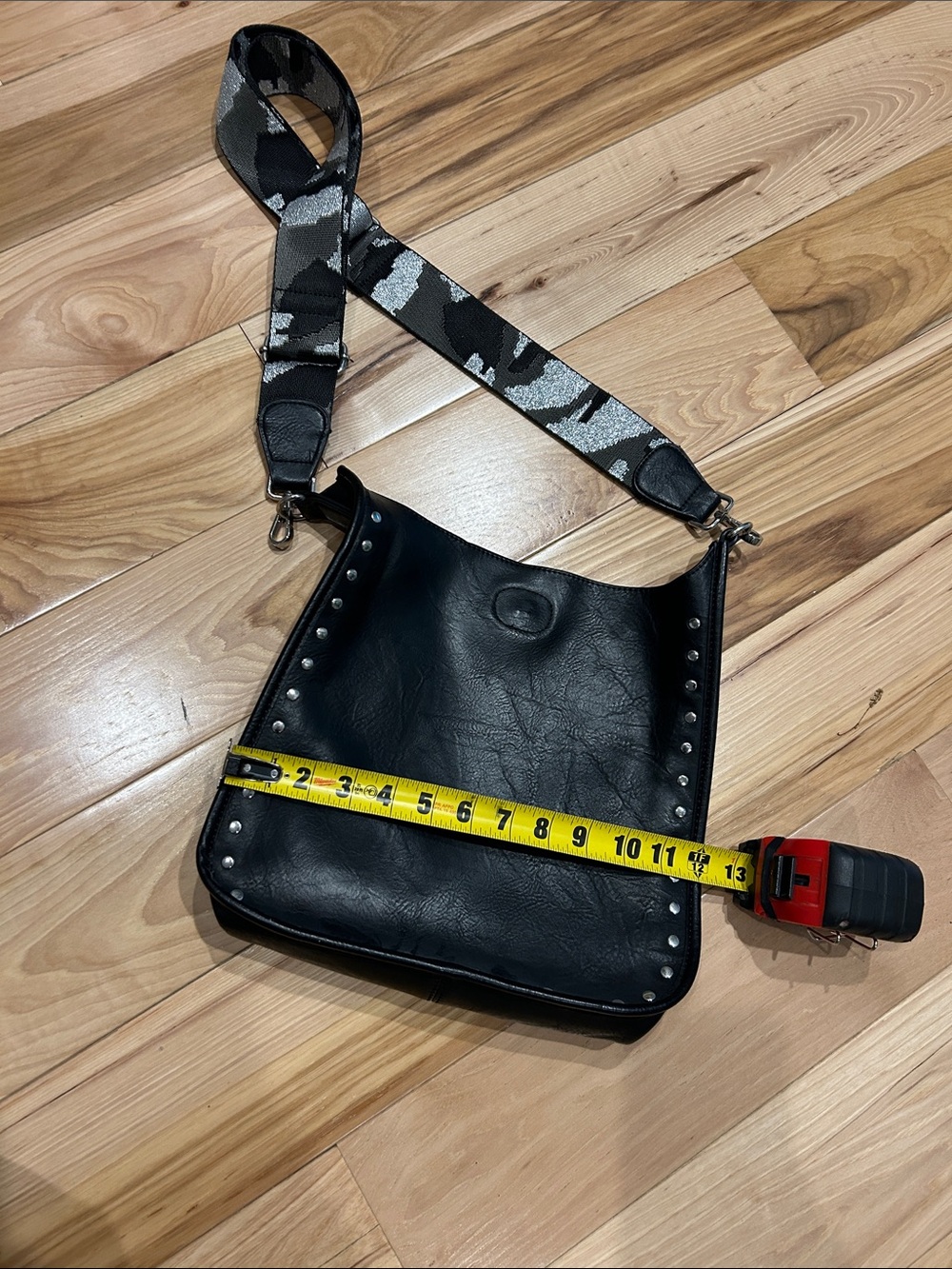 Black Studded Crossbody Bag with Camouflage Strap - Picture 3 of 4